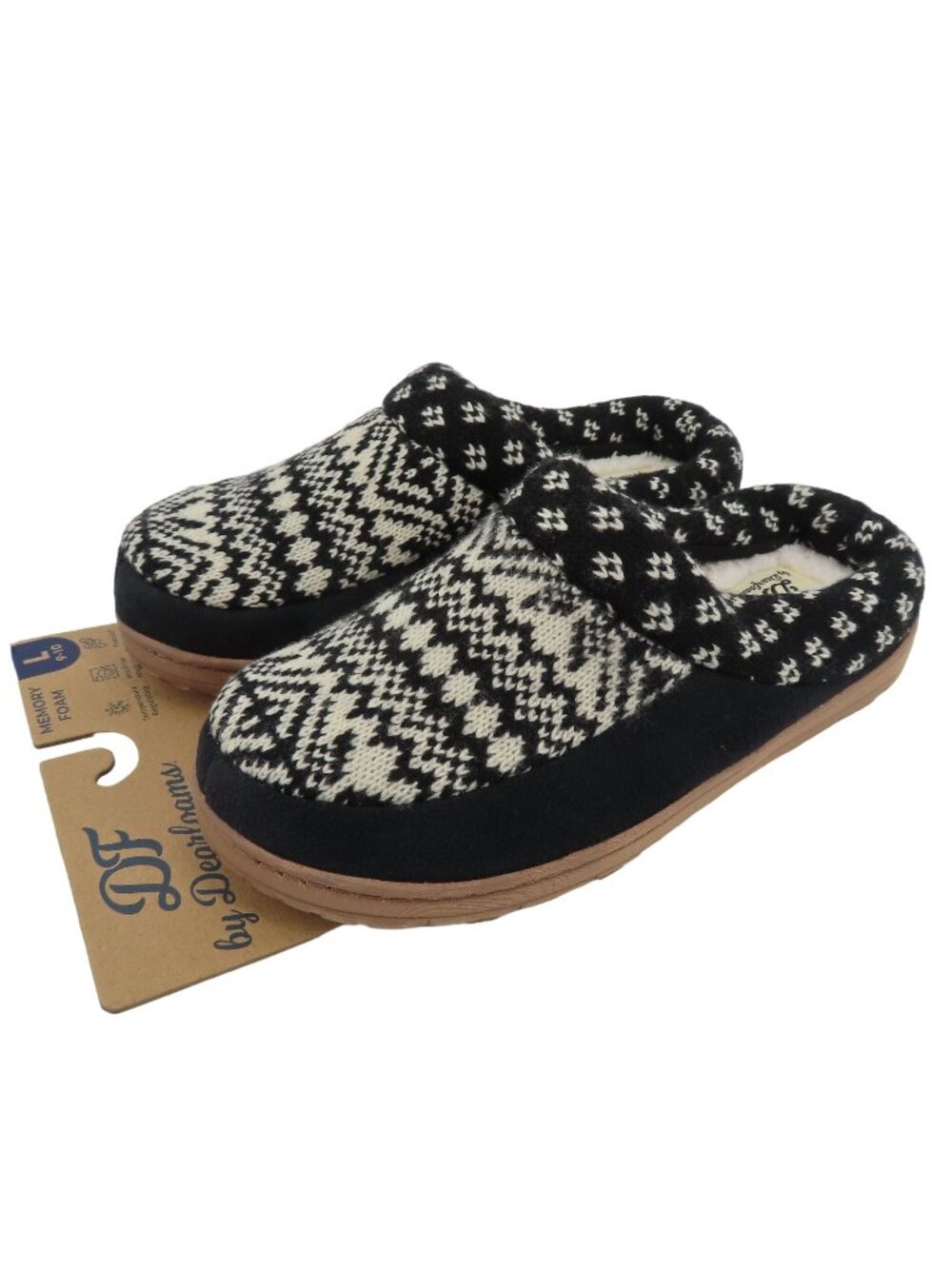 Dearfoams Women Large 9-10 Black Knit Memory Foam Indoor Outdoor Slippers NEW